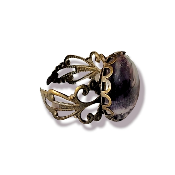 Genuine Amethyst Semi Precious Natural Stone French Copper Filigree Ring 8 - Picture 3 of 7